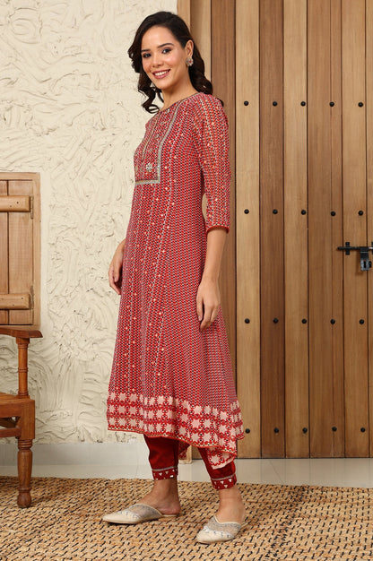 W for Woman Rust Red Geometric Printed Embroidered Flared Kurta, Pants And Dupatta Set
