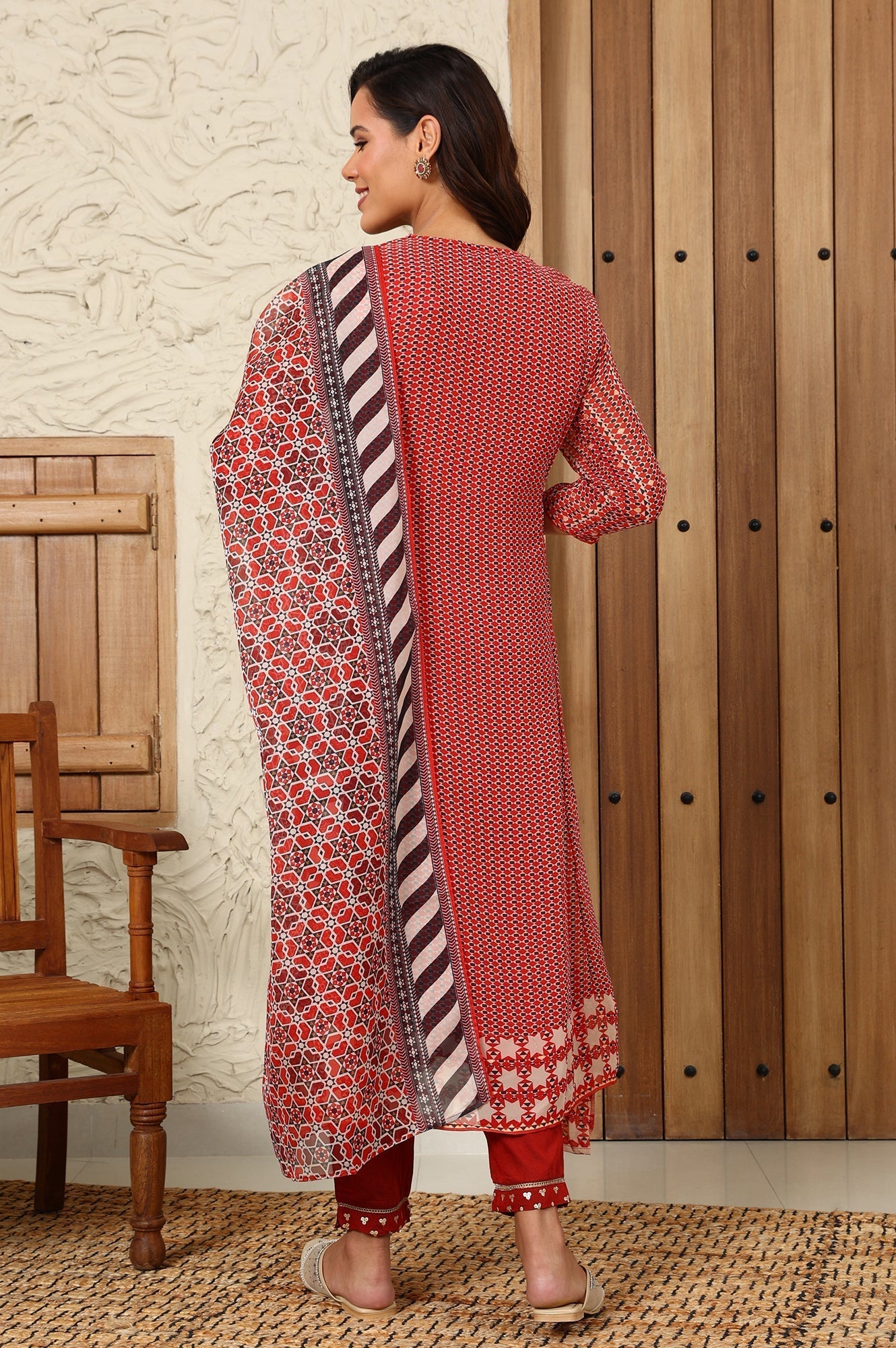 W for Woman Rust Red Geometric Printed Embroidered Flared Kurta, Pants And Dupatta Set
