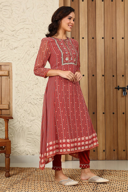 W for Woman Rust Red Geometric Printed Embroidered Flared Kurta, Pants And Dupatta Set