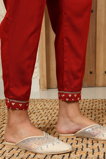 W for Woman Rust Red Geometric Printed Embroidered Flared Kurta, Pants And Dupatta Set