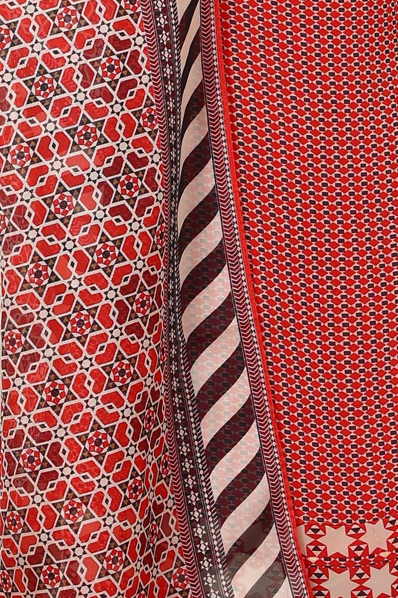 W for Woman Rust Red Geometric Printed Embroidered Flared Kurta, Pants And Dupatta Set