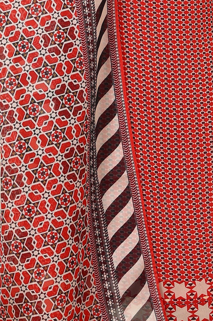 W for Woman Rust Red Geometric Printed Embroidered Flared Kurta, Pants And Dupatta Set