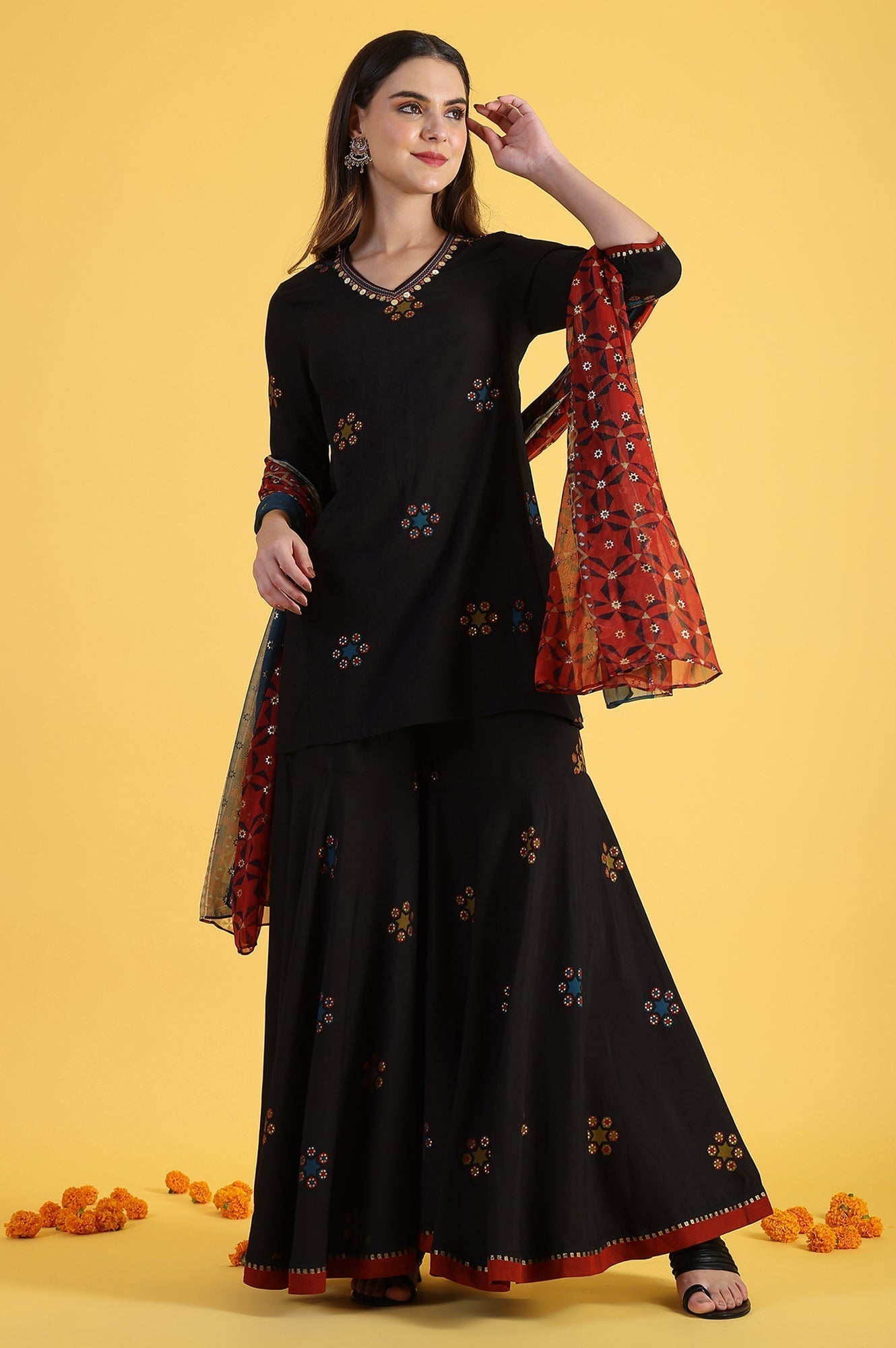 W for Woman Black Printed Metallic Embroidery Straight Kurta & Sharara with Dupatta Set