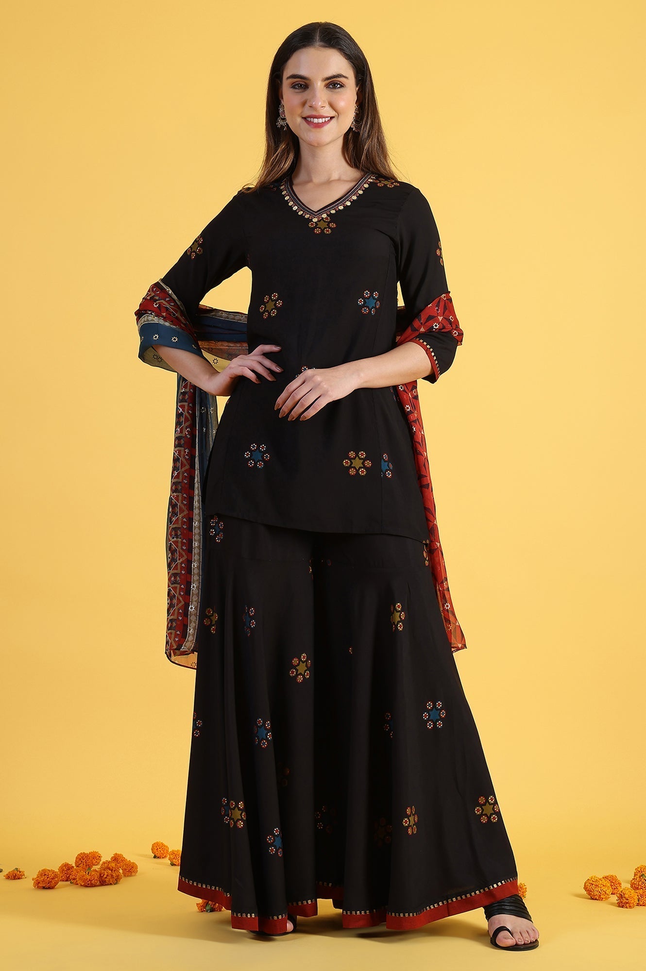 W for Woman Black Printed Metallic Embroidery Straight Kurta & Sharara with Dupatta Set