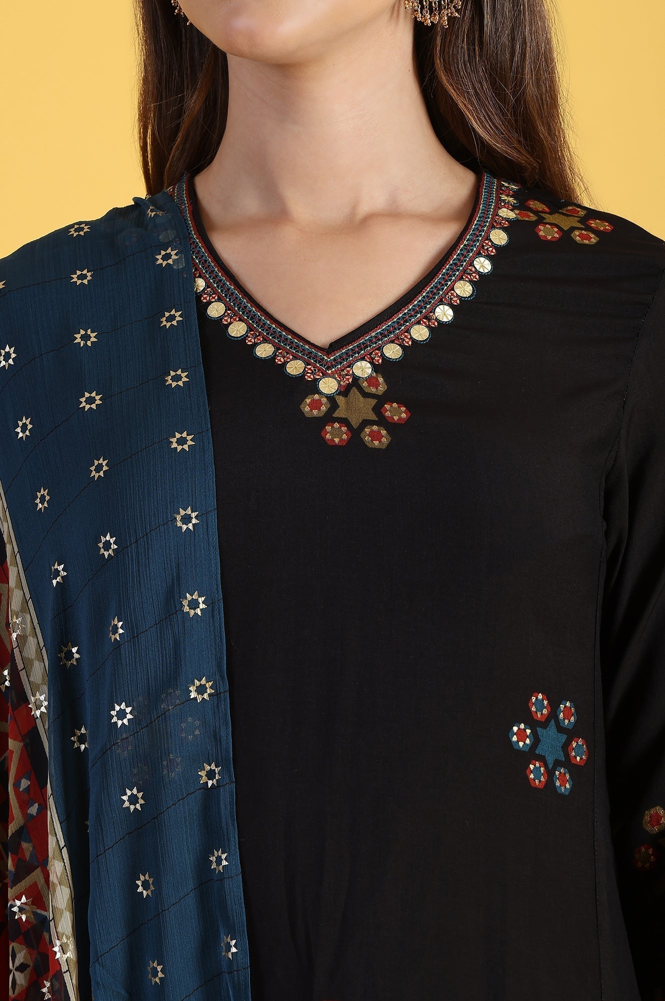 W for Woman Black Printed Metallic Embroidery Straight Kurta & Sharara with Dupatta Set