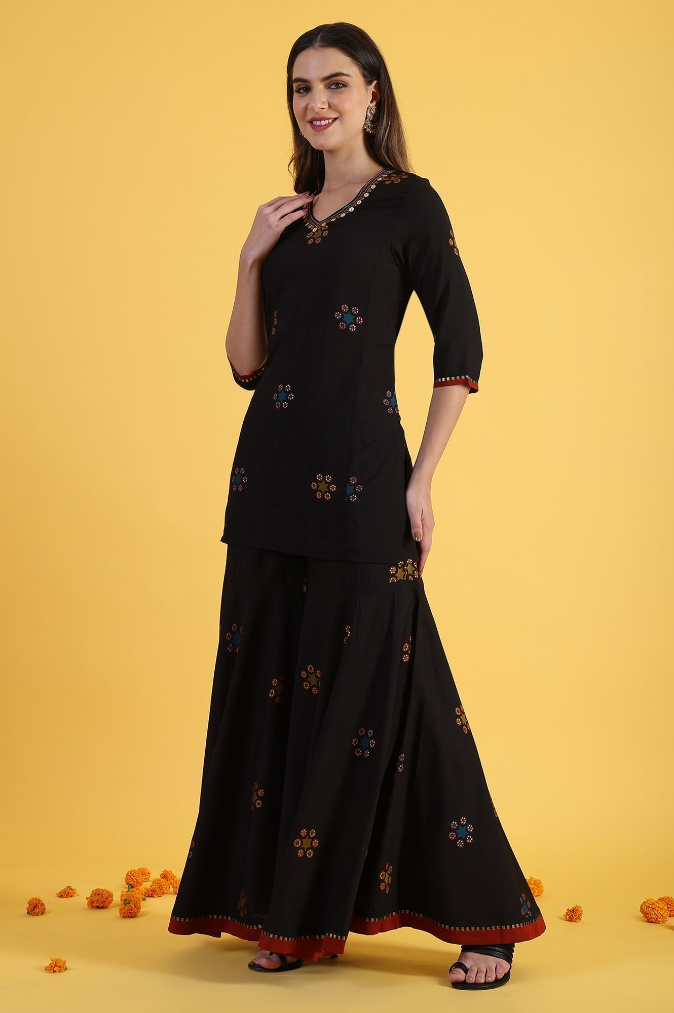 W for Woman Black Printed Metallic Embroidery Straight Kurta & Sharara with Dupatta Set
