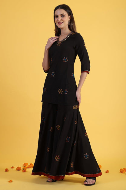 W for Woman Black Printed Metallic Embroidery Straight Kurta & Sharara with Dupatta Set