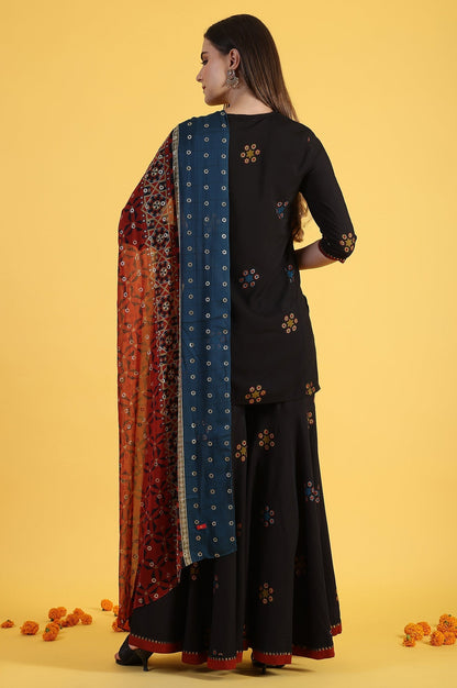 W for Woman Black Printed Metallic Embroidery Straight Kurta & Sharara with Dupatta Set