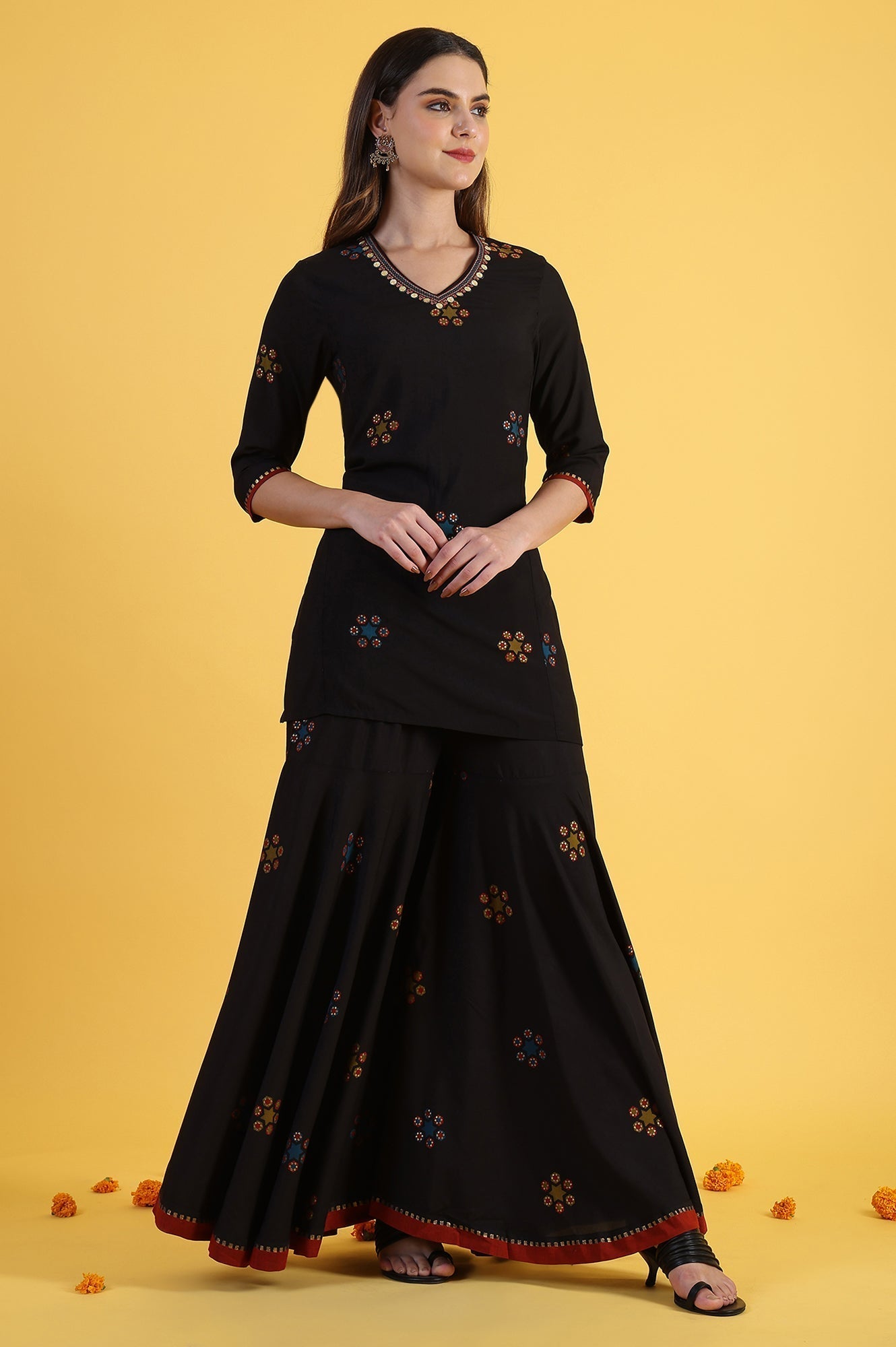 W for Woman Black Printed Metallic Embroidery Straight Kurta & Sharara with Dupatta Set