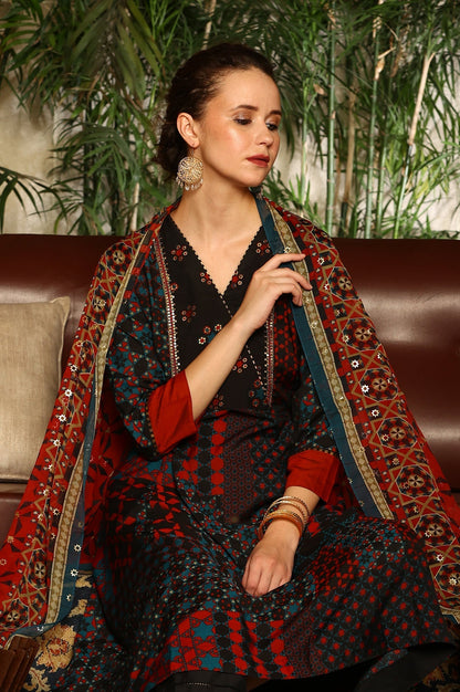 W for Woman Black Multi-Coloured Patch Printed Metallic Embroidered A-Line Kurta, Pants And Dupatta Set