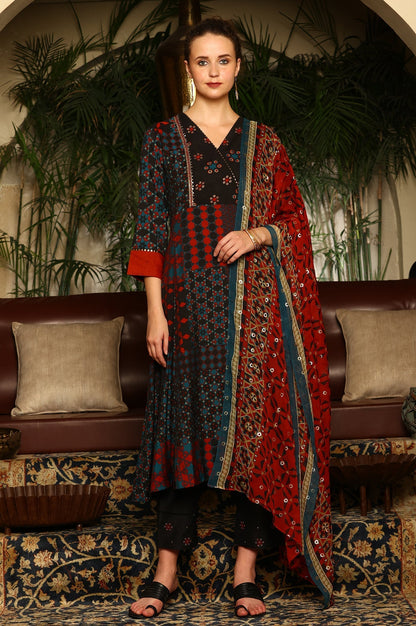 W for Woman Black Multi-Coloured Patch Printed Metallic Embroidered A-Line Kurta, Pants And Dupatta Set
