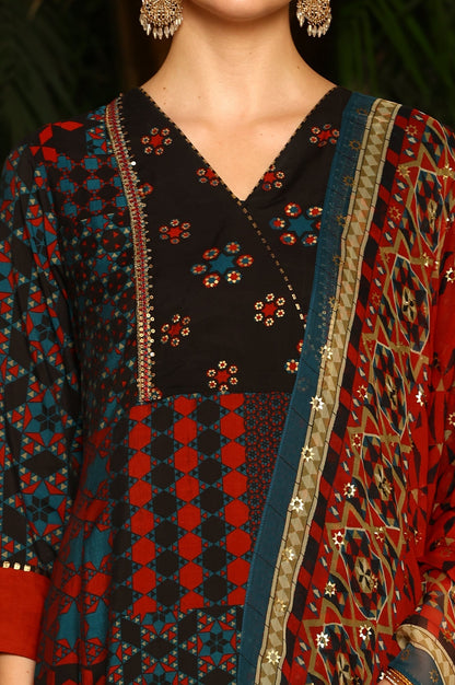 W for Woman Black Multi-Coloured Patch Printed Metallic Embroidered A-Line Kurta, Pants And Dupatta Set