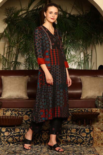 W for Woman Black Multi-Coloured Patch Printed Metallic Embroidered A-Line Kurta, Pants And Dupatta Set