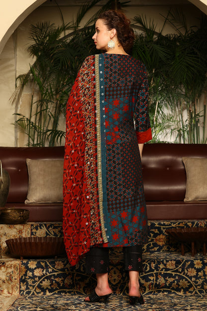 W for Woman Black Multi-Coloured Patch Printed Metallic Embroidered A-Line Kurta, Pants And Dupatta Set