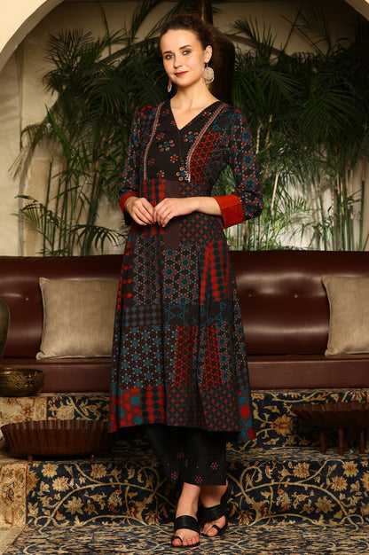 W for Woman Black Multi-Coloured Patch Printed Metallic Embroidered A-Line Kurta, Pants And Dupatta Set