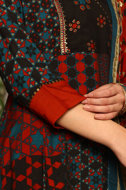 W for Woman Black Multi-Coloured Patch Printed Metallic Embroidered A-Line Kurta, Pants And Dupatta Set