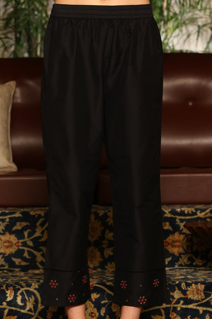 W for Woman Black Multi-Coloured Patch Printed Metallic Embroidered A-Line Kurta, Pants And Dupatta Set