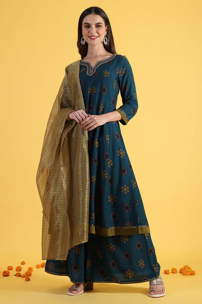 W for Woman Blue Printed Sequins Flared Kurta & Flared Pants with Dupatta Set