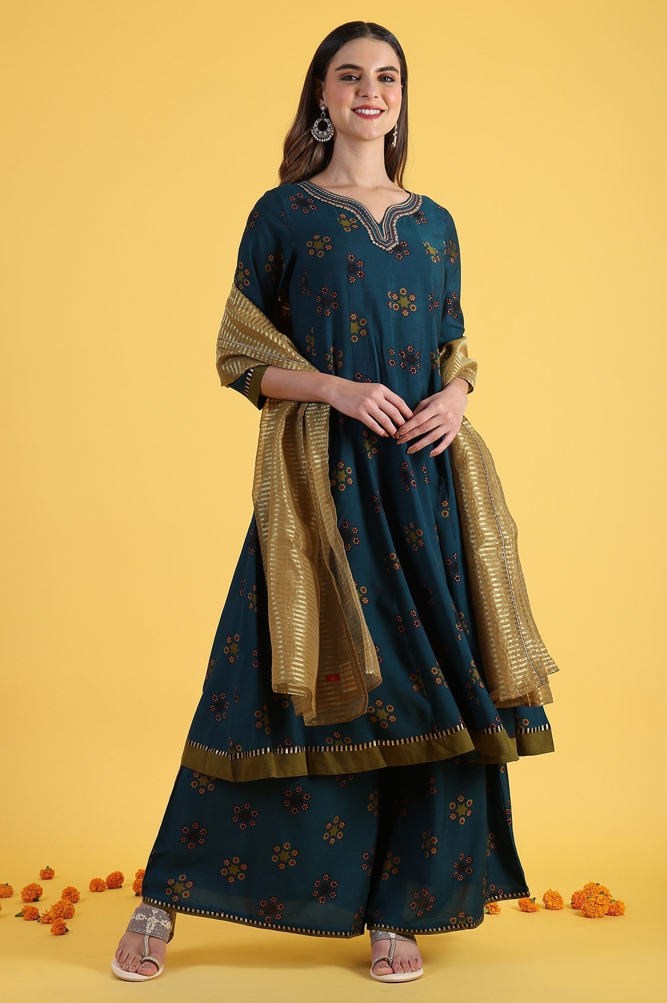 W for Woman Blue Printed Sequins Flared Kurta & Flared Pants with Dupatta Set