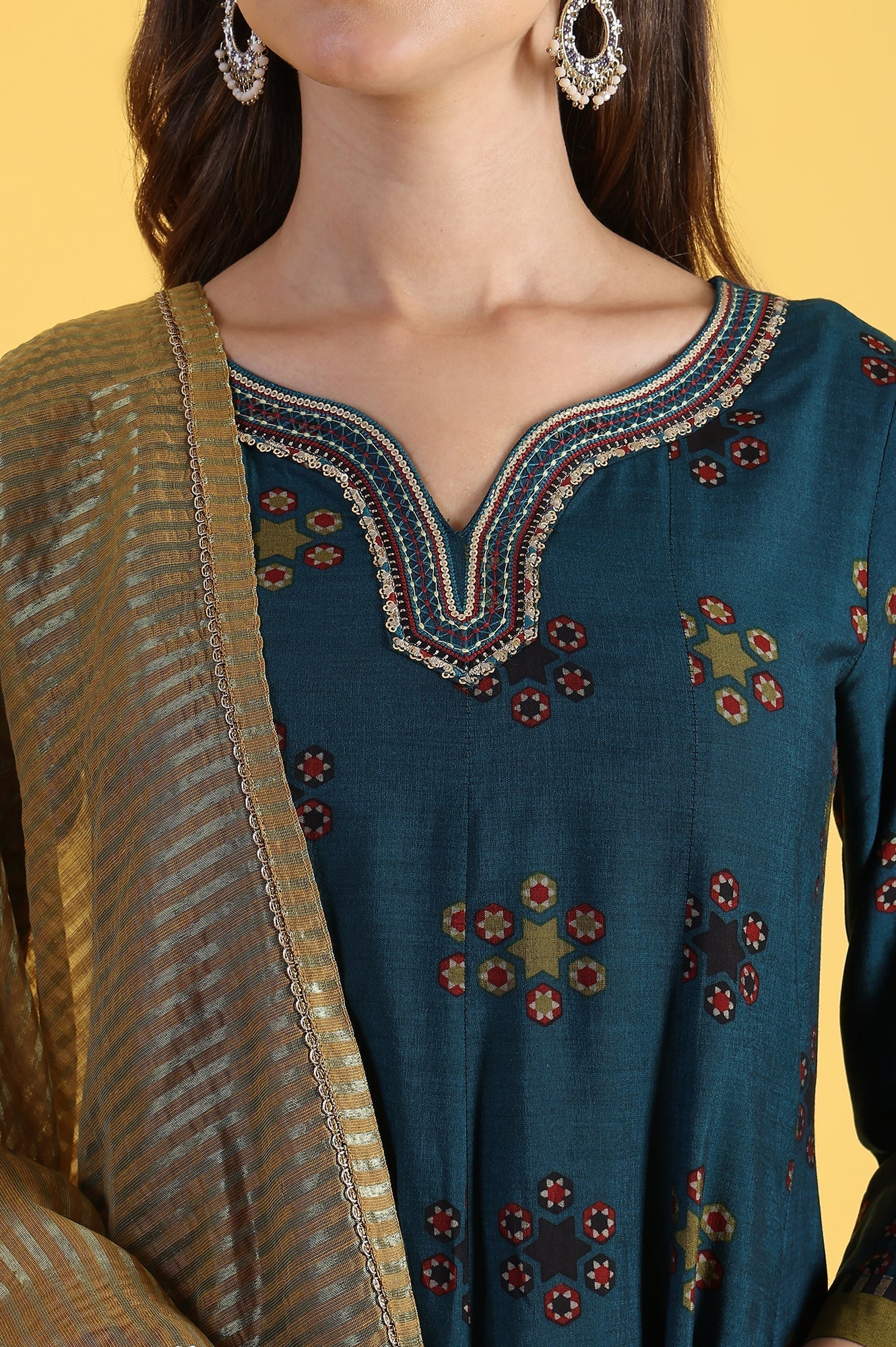 W for Woman Blue Printed Sequins Flared Kurta & Flared Pants with Dupatta Set
