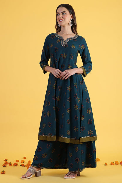 W for Woman Blue Printed Sequins Flared Kurta & Flared Pants with Dupatta Set