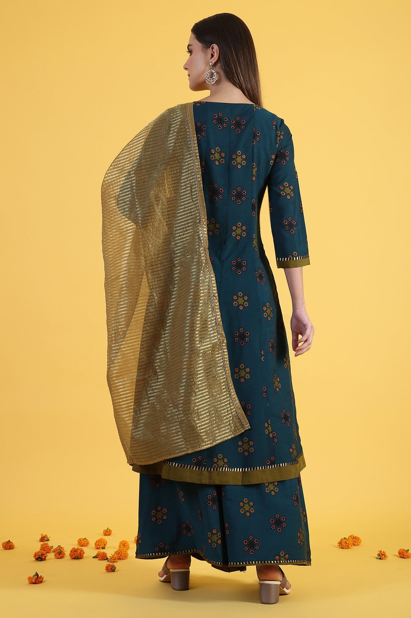 W for Woman Blue Printed Sequins Flared Kurta & Flared Pants with Dupatta Set