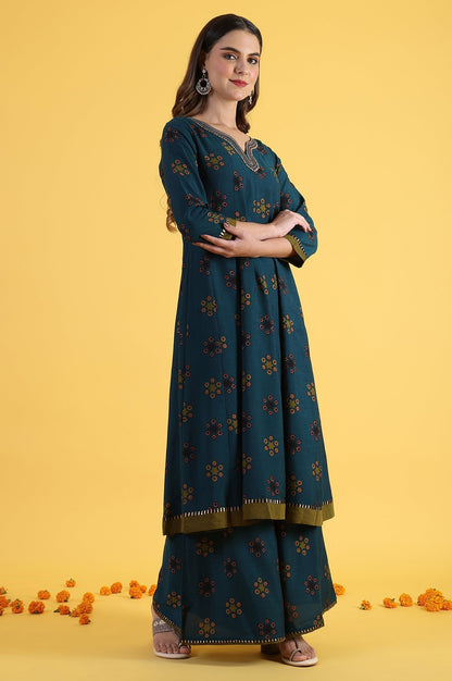 W for Woman Blue Printed Sequins Flared Kurta & Flared Pants with Dupatta Set