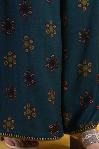 W for Woman Blue Printed Sequins Flared Kurta & Flared Pants with Dupatta Set