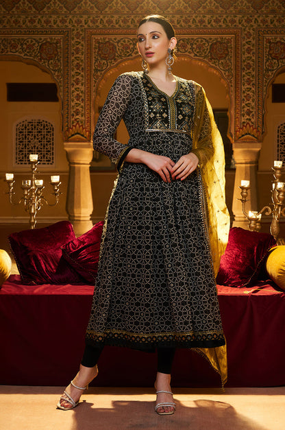 W for Woman Black Printed Chiffon Kurta with Embroidery, Churidar and Dupatta Set