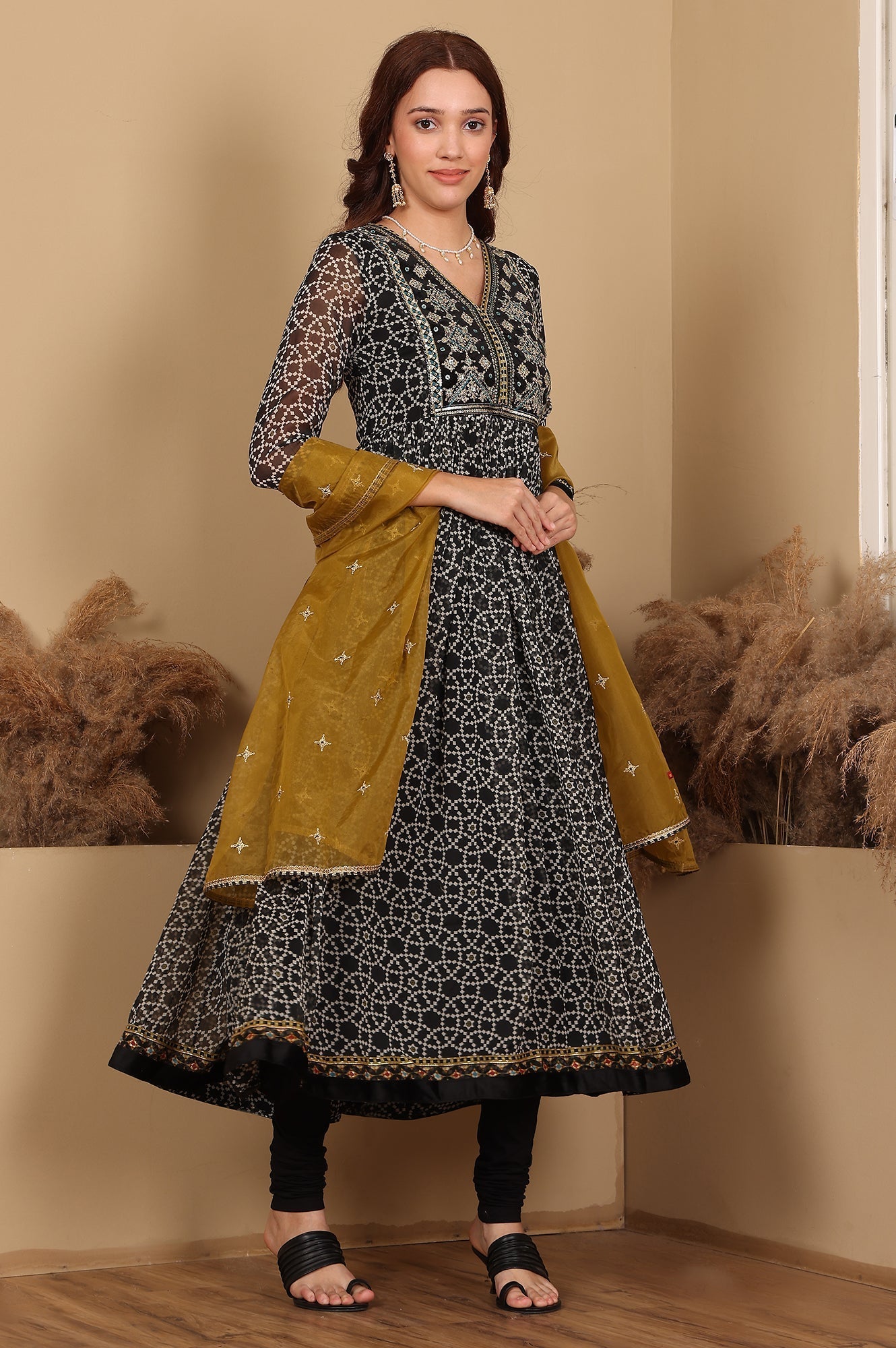 W for Woman Black Printed Chiffon Kurta with Embroidery, Churidar and Dupatta Set