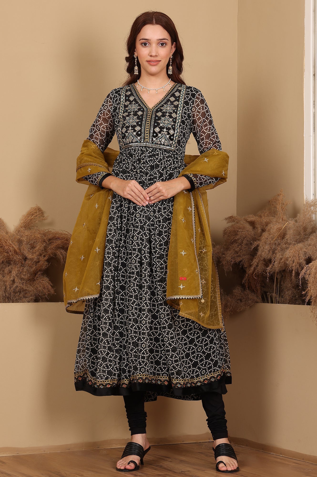 W for Woman Black Printed Chiffon Kurta with Embroidery, Churidar and Dupatta Set