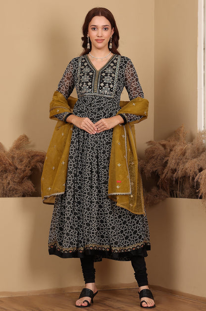 W for Woman Black Printed Chiffon Kurta with Embroidery, Churidar and Dupatta Set