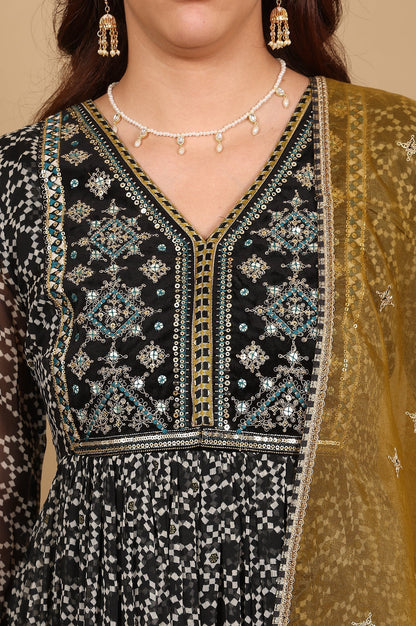 W for Woman Black Printed Chiffon Kurta with Embroidery, Churidar and Dupatta Set