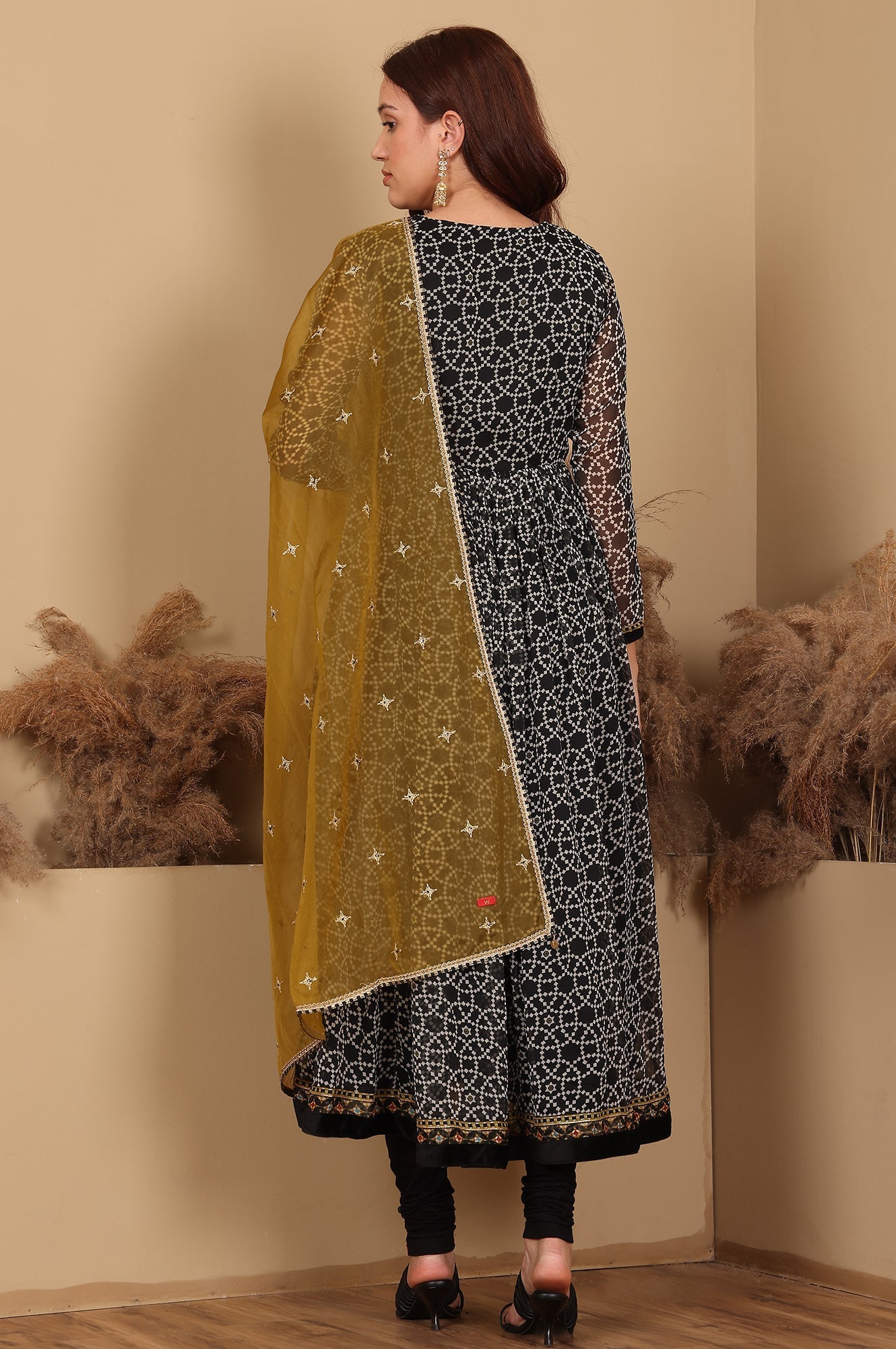 W for Woman Black Printed Chiffon Kurta with Embroidery, Churidar and Dupatta Set