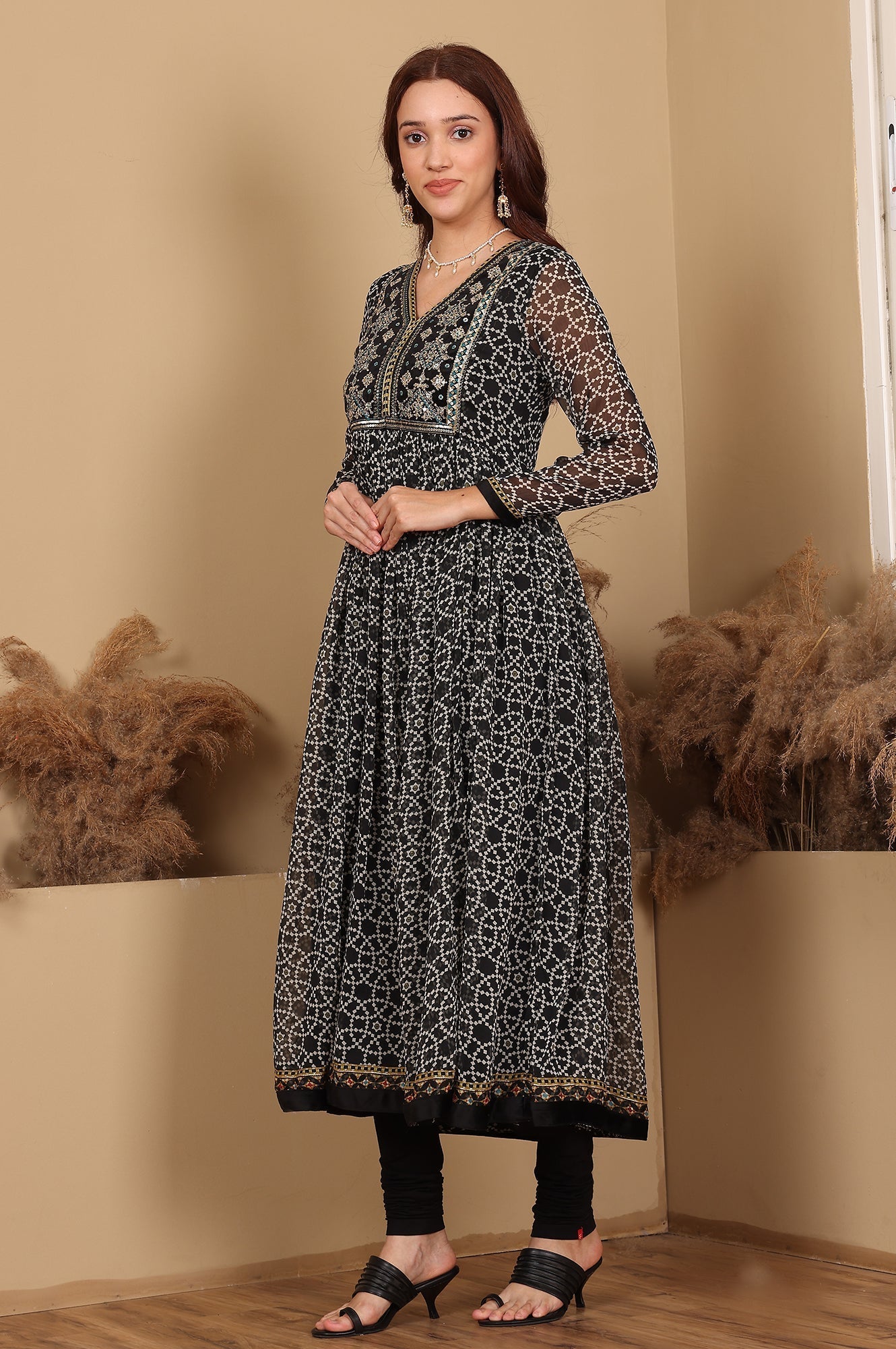 W for Woman Black Printed Chiffon Kurta with Embroidery, Churidar and Dupatta Set