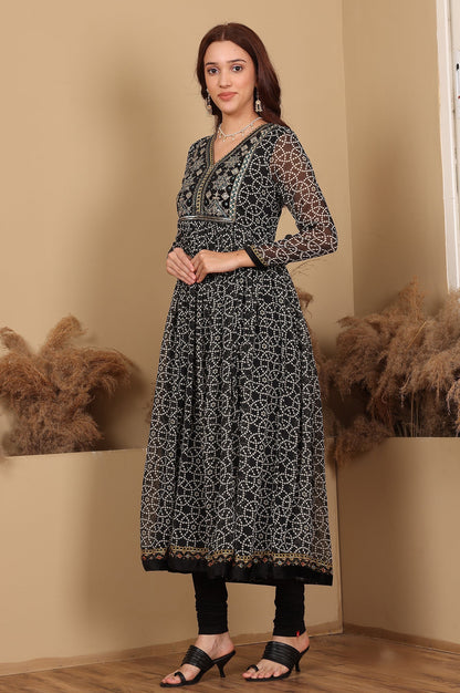 W for Woman Black Printed Chiffon Kurta with Embroidery, Churidar and Dupatta Set