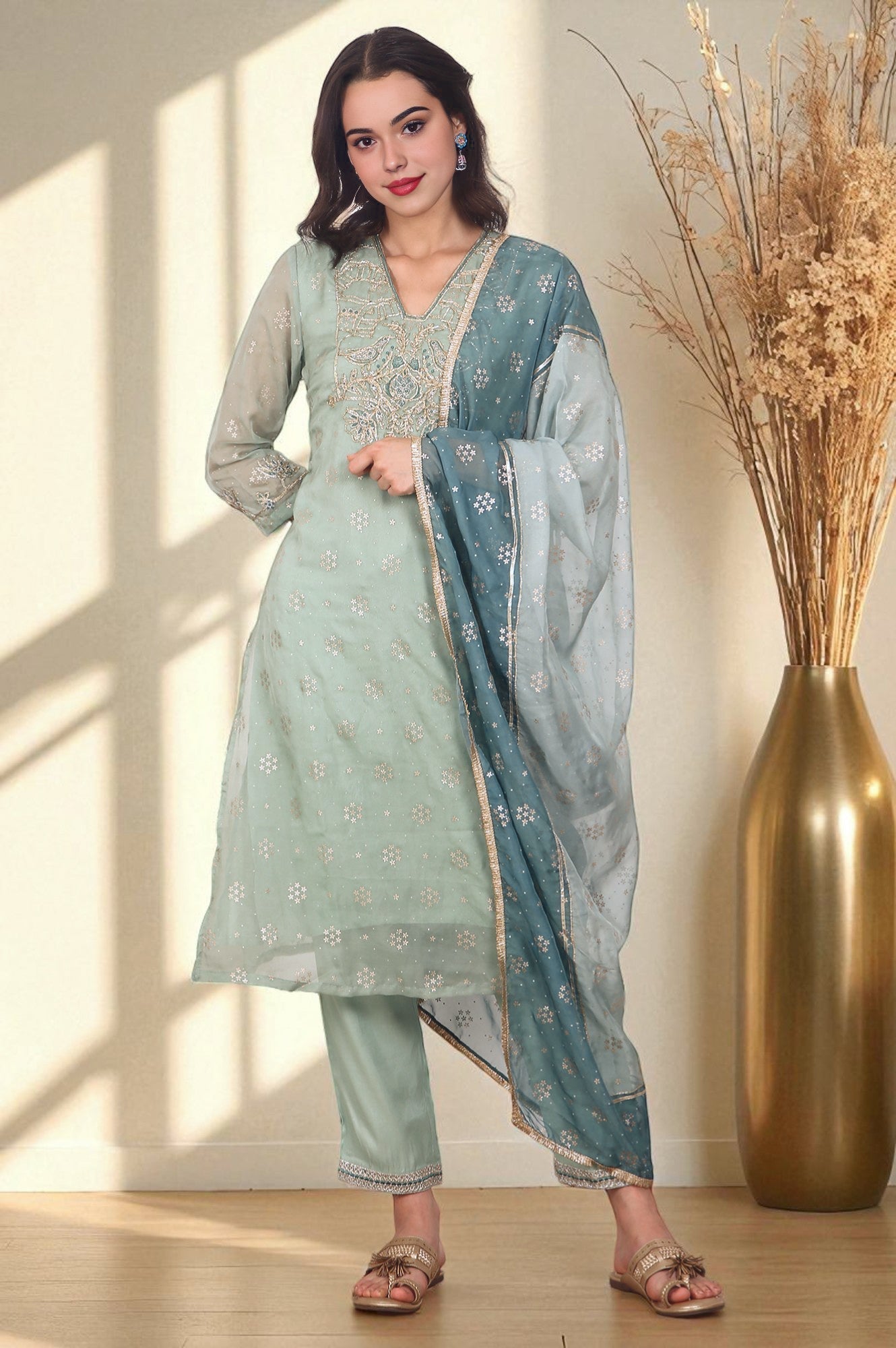 W for Woman Green Metallic Embroidered Straight Organza Festive Kurta, Pant and Dupatta Set