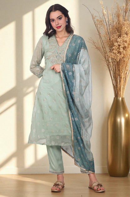 W for Woman Green Metallic Embroidered Straight Organza Festive Kurta, Pant and Dupatta Set
