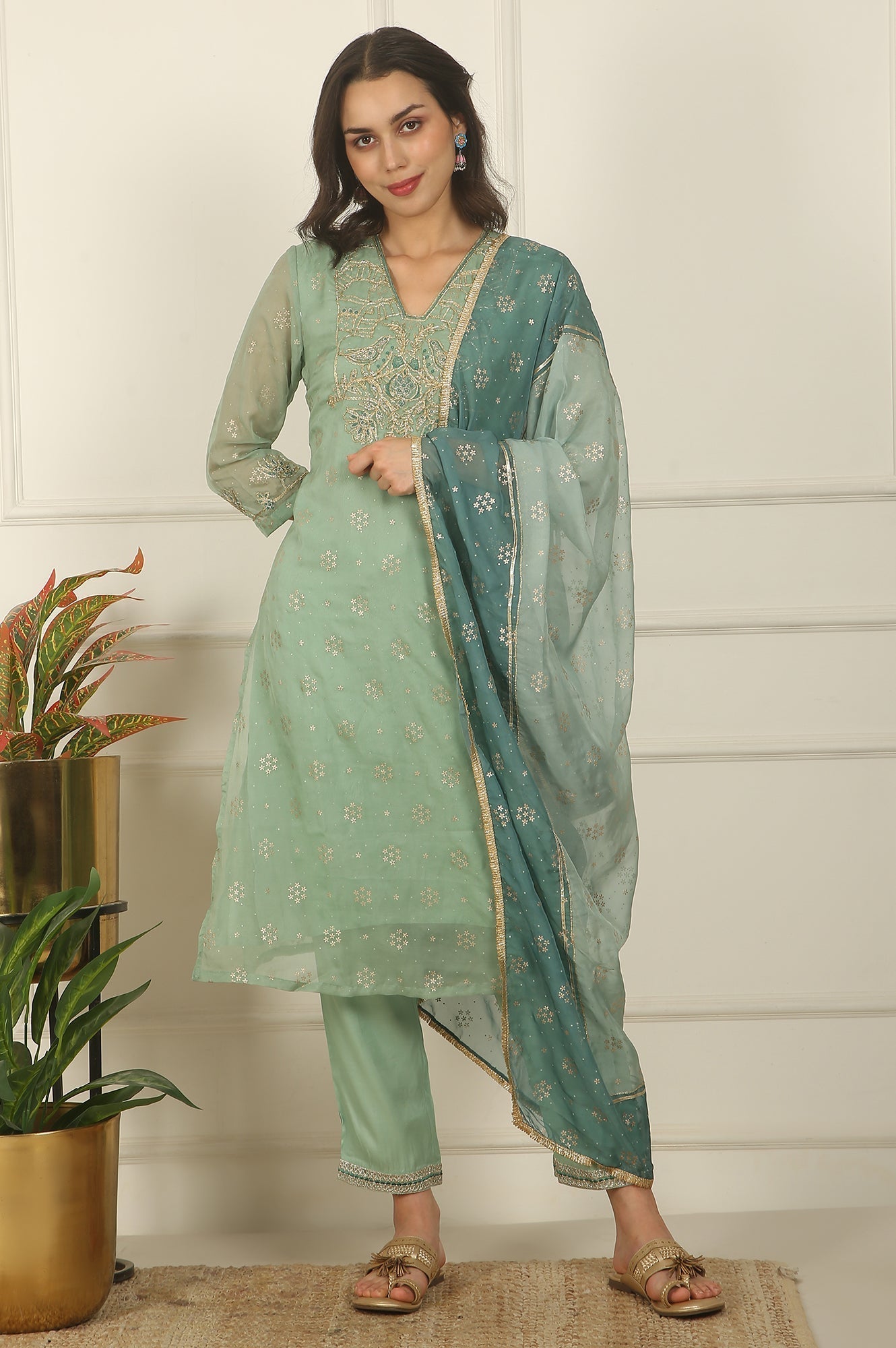 W for Woman Green Metallic Embroidered Straight Organza Festive Kurta, Pant and Dupatta Set