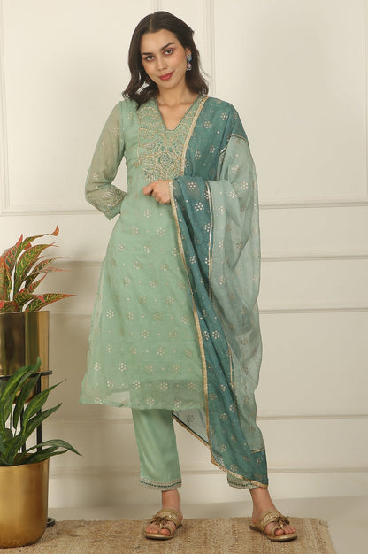 W for Woman Green Metallic Embroidered Straight Organza Festive Kurta, Pant and Dupatta Set