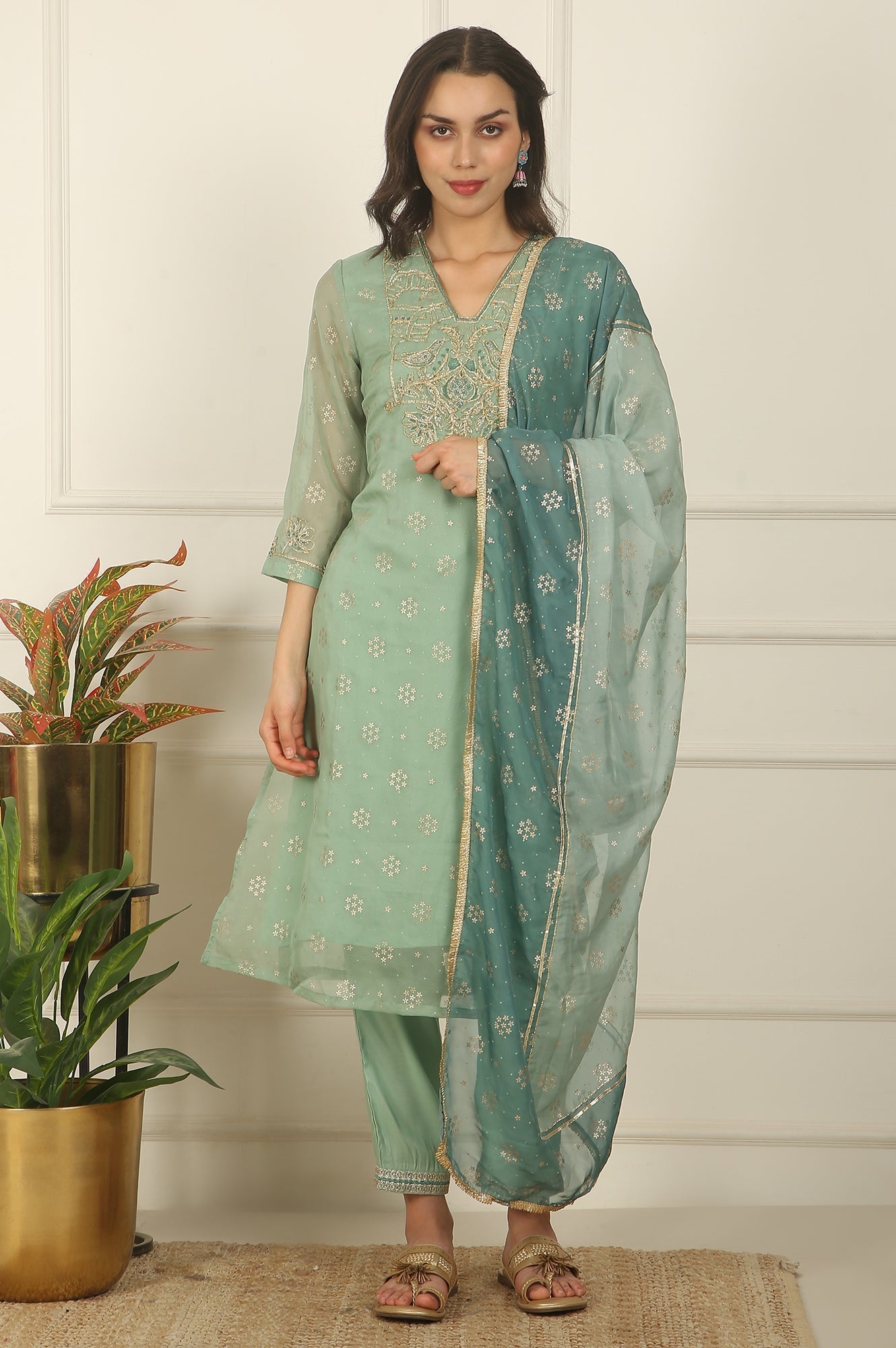 W for Woman Green Metallic Embroidered Straight Organza Festive Kurta, Pant and Dupatta Set