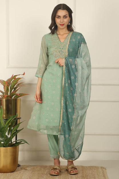 W for Woman Green Metallic Embroidered Straight Organza Festive Kurta, Pant and Dupatta Set