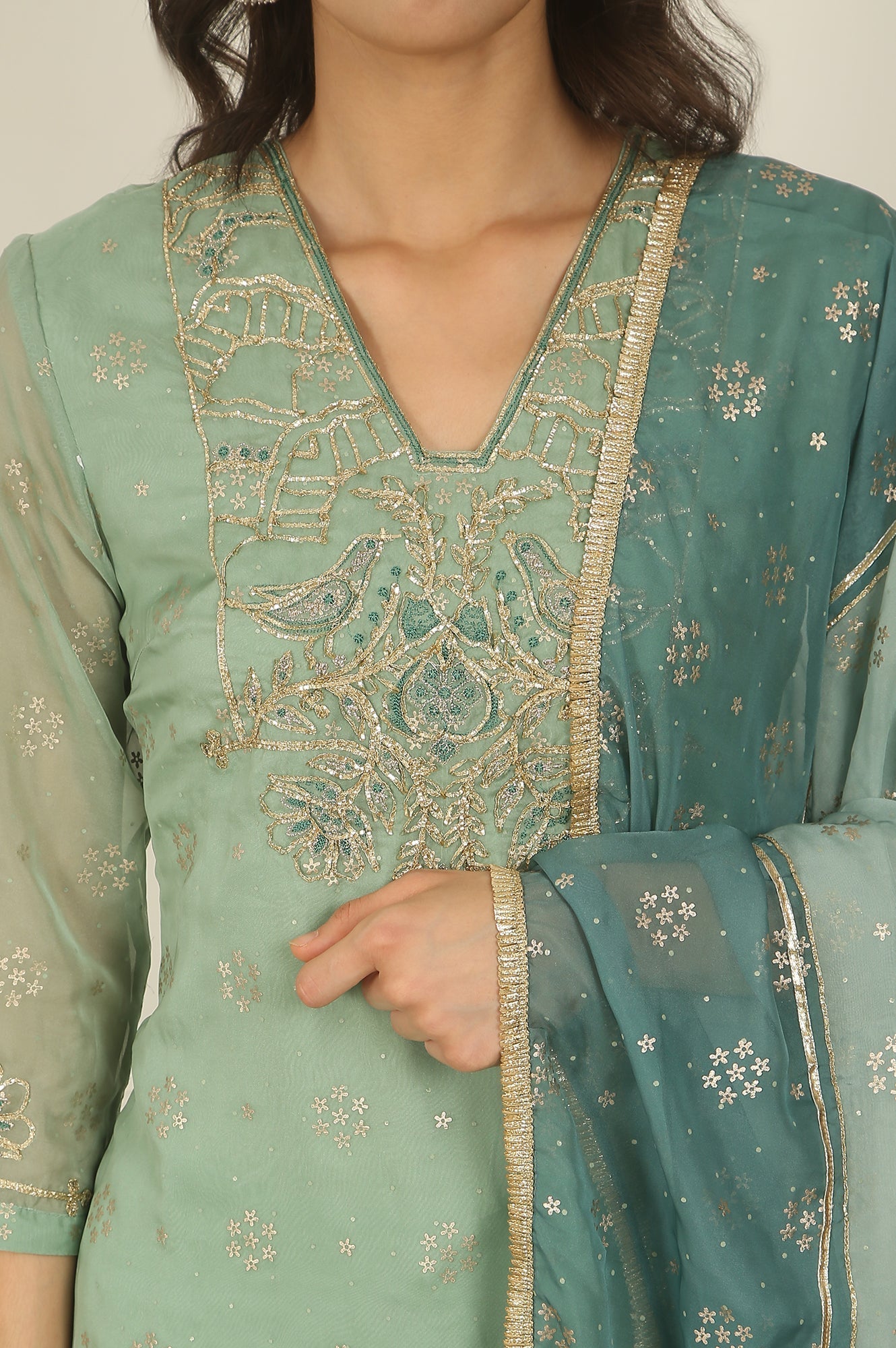 W for Woman Green Metallic Embroidered Straight Organza Festive Kurta, Pant and Dupatta Set