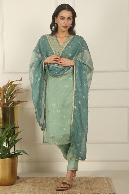 W for Woman Green Metallic Embroidered Straight Organza Festive Kurta, Pant and Dupatta Set