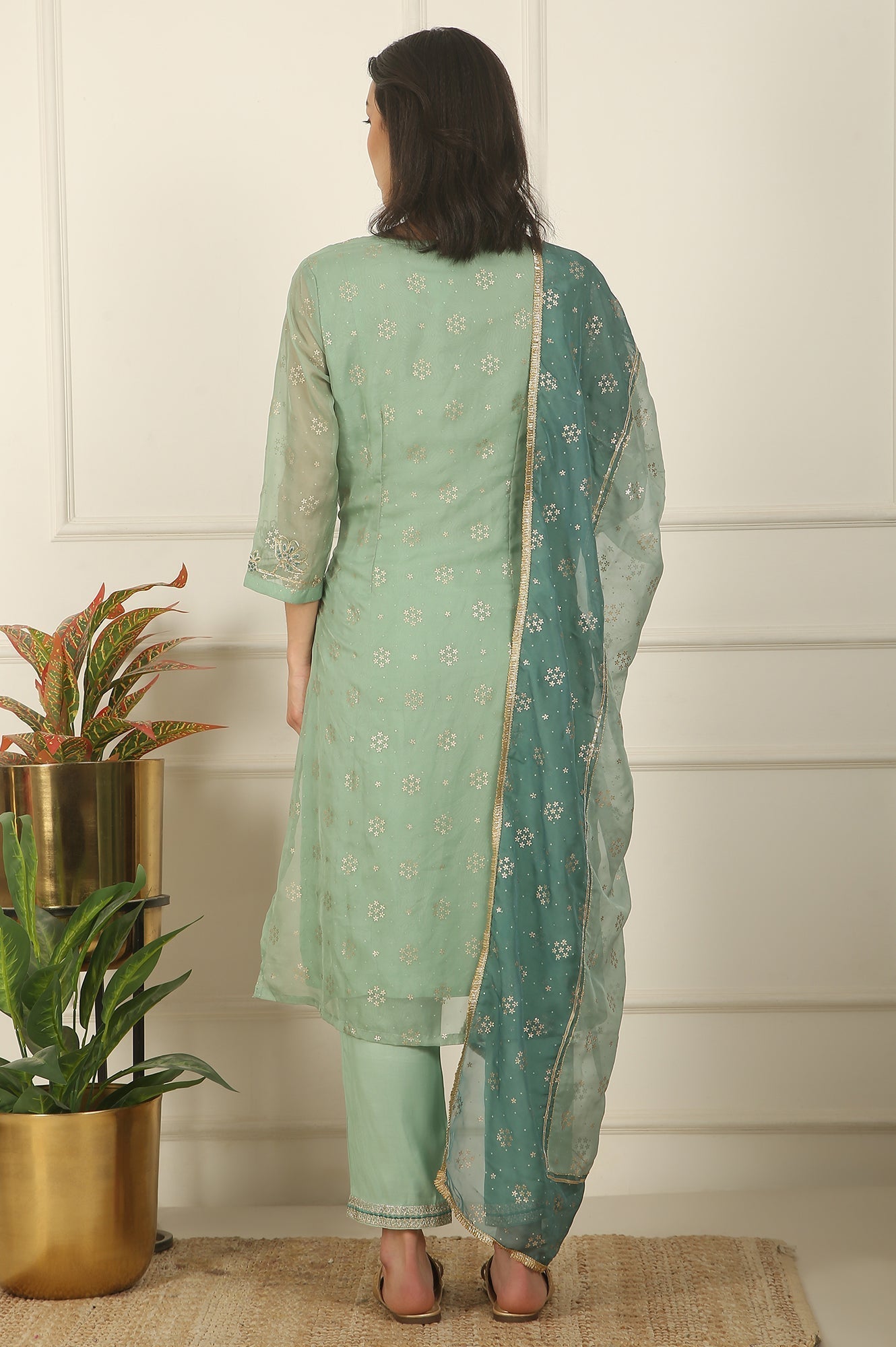 W for Woman Green Metallic Embroidered Straight Organza Festive Kurta, Pant and Dupatta Set