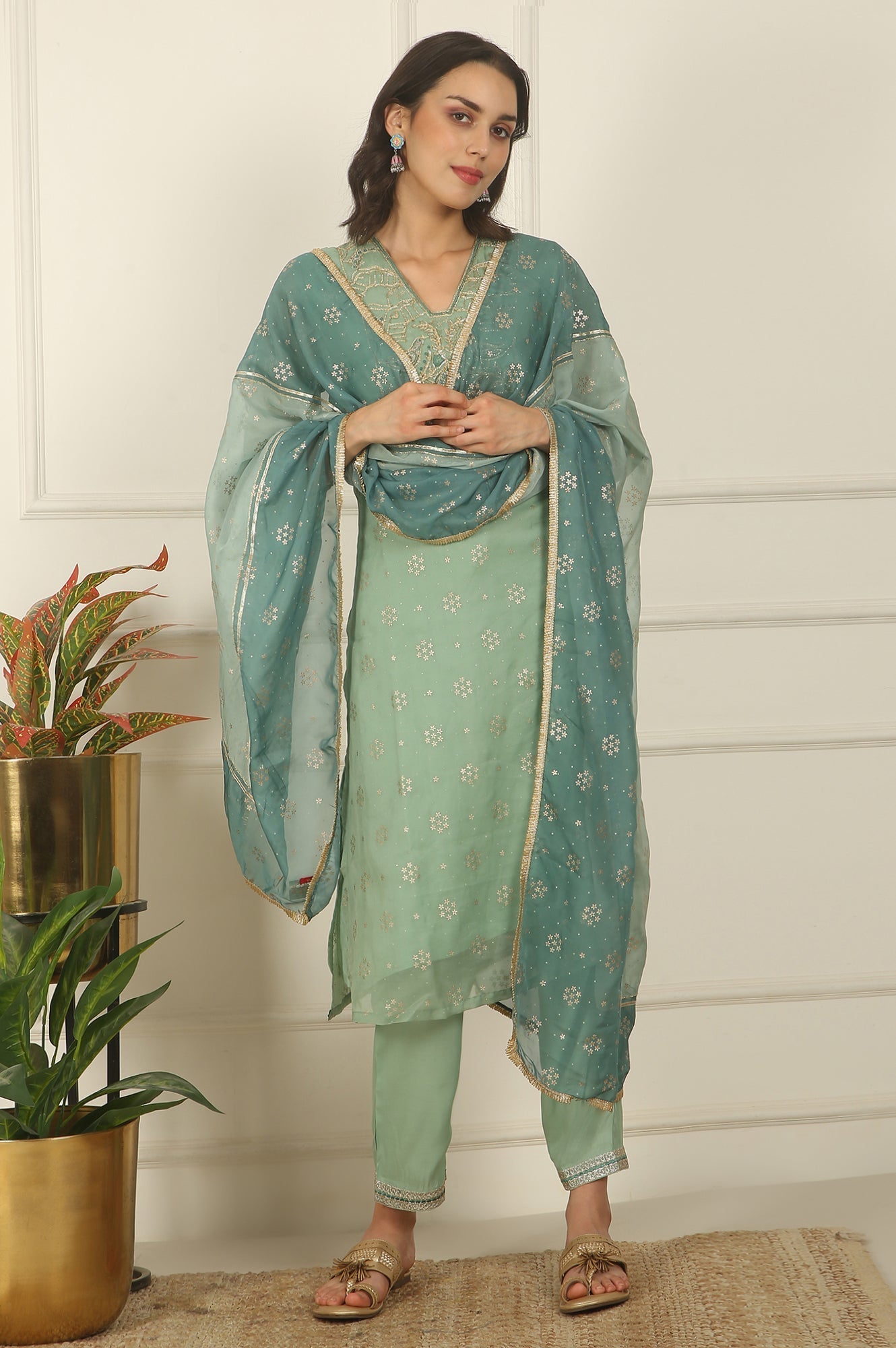 W for Woman Green Metallic Embroidered Straight Organza Festive Kurta, Pant and Dupatta Set