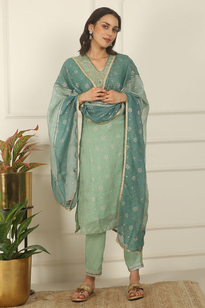 W for Woman Green Metallic Embroidered Straight Organza Festive Kurta, Pant and Dupatta Set