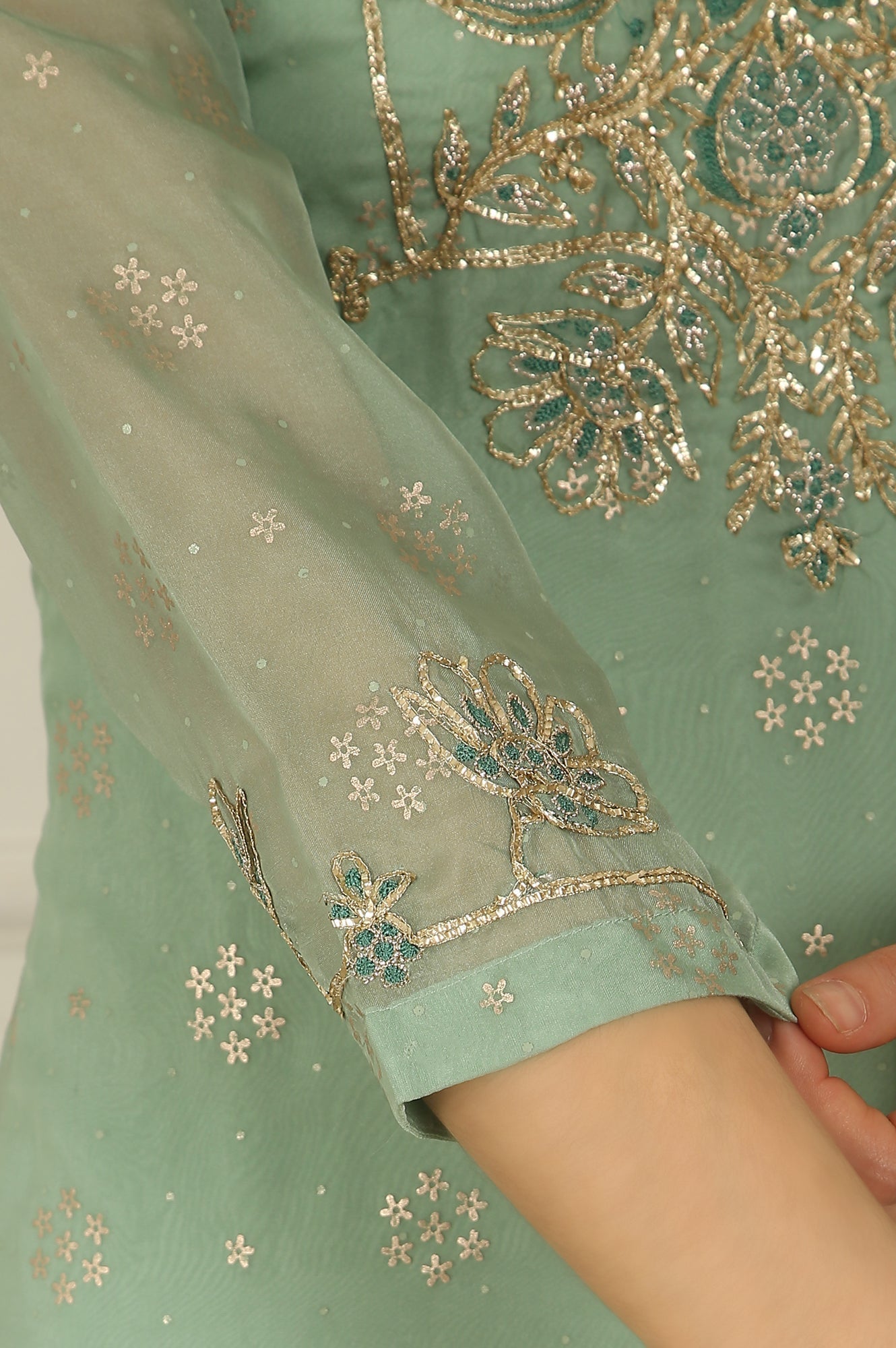 W for Woman Green Metallic Embroidered Straight Organza Festive Kurta, Pant and Dupatta Set