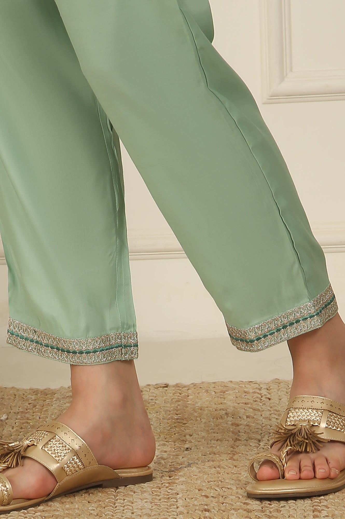 W for Woman Green Metallic Embroidered Straight Organza Festive Kurta, Pant and Dupatta Set