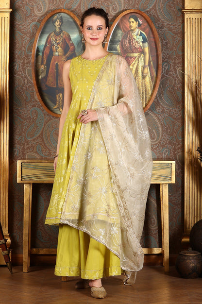 W for Woman Green Glitter Printed Embellished Sleeveless Flared Kurta, Culottes And Embroidered Dupatta Set
